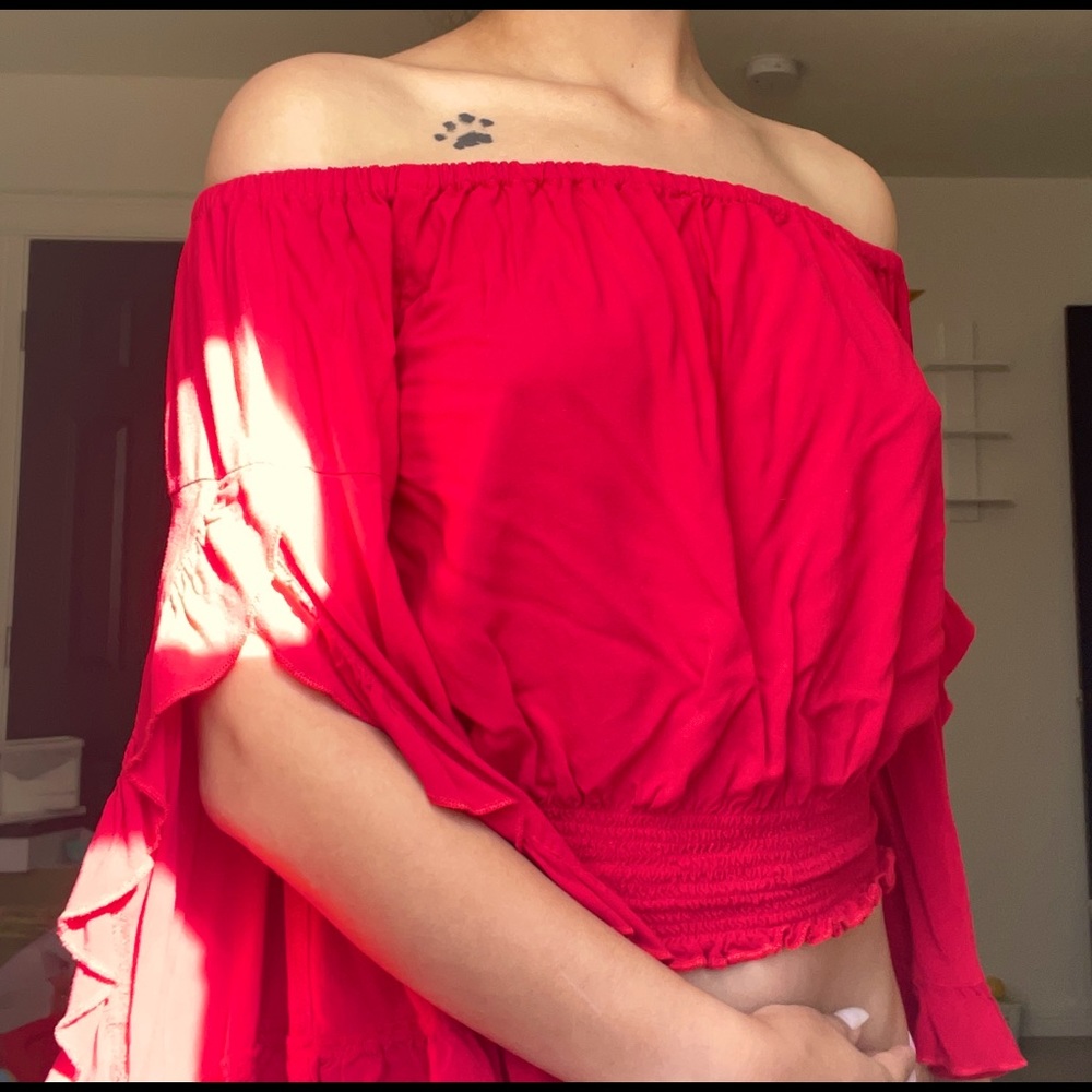 Red off the shoulder blouse
